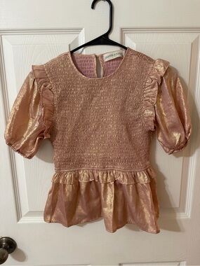 pants store Metallic Rose Puff-Sleeve Smocked Peplum Top